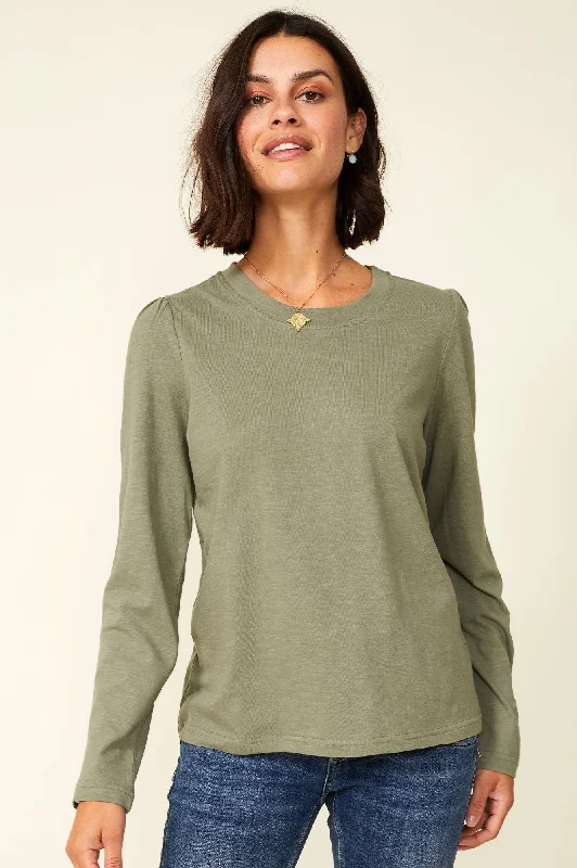 Long Sleeve Puff Shoulder T-Shirt | Khaki-- Zippered Front Buttoned Front Snap Front