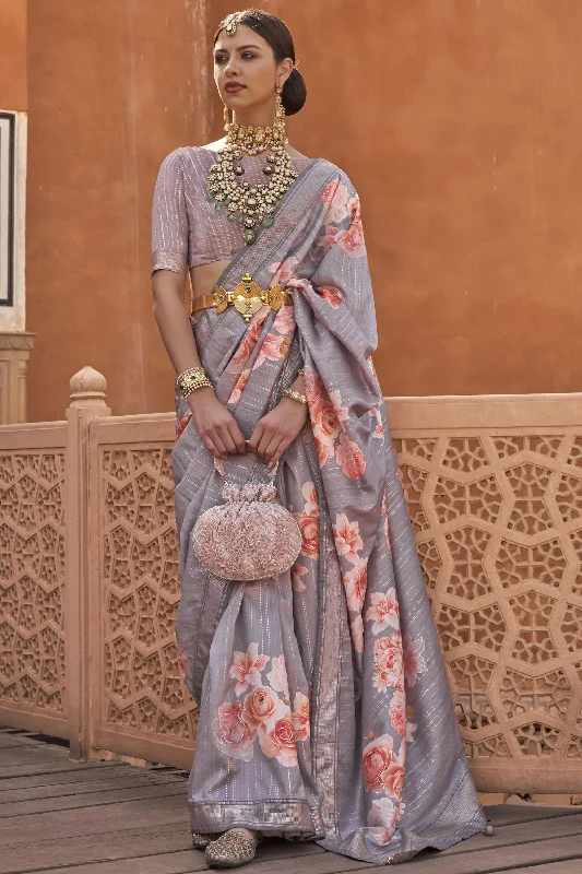 Grey Color Printed Art Silk Fabric Charming Look Saree With Same Color Blouse Lightweight Floral Blouse
