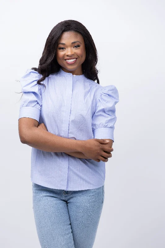 FRAME Puff Sleeve Blouse in Chambray Blue Gathered Detail Blouse