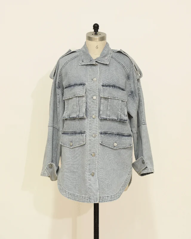 Oversized Denim Shirt with Pocket Detail - Stonewash-- Mesh Blend Leather Blend Suede Blend