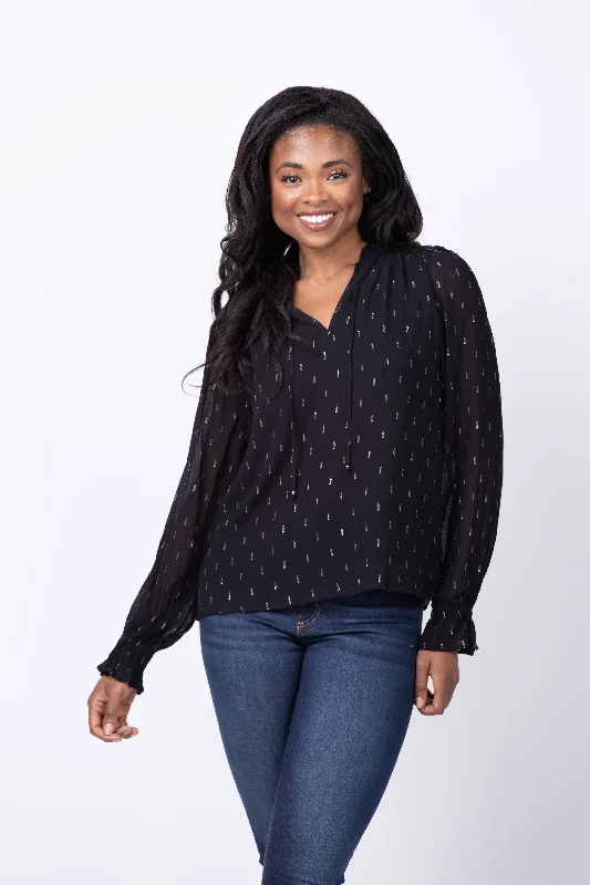 Elliott Lauren Ruched Blouse in Black Satin Long Blouse