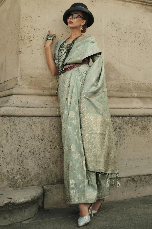 Attractive Weaving Work Sea Green Color Art Silk Fabric Saree With Same Color Blouse Ruched Sleeve Blouse
