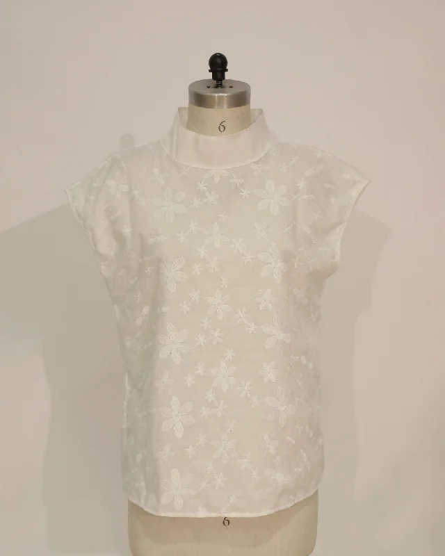Embroidered Cap Sleeve High Neck T-Shirt - White-- Solid Print Embellished