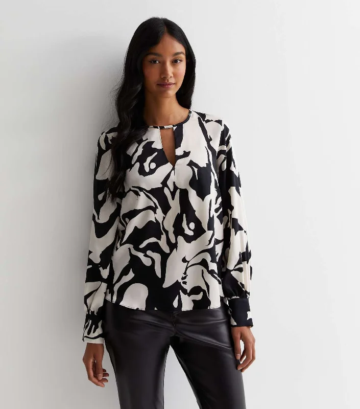 Black Abstract Keyhole Neck Blouse Romantic Lace Blouse