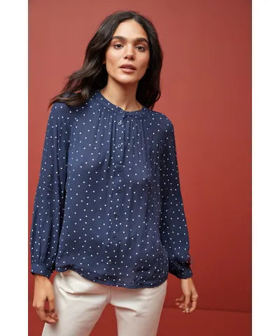 Navy Spot Smock Neck Blouse Soft Knit Blouse
