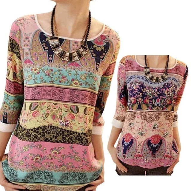 Lace Printing Three Quarter Puff Sleeves Round-neck Loose Tops Garment Summer Casual Wear For Women Ladies Blouses Playful Puff Blouse