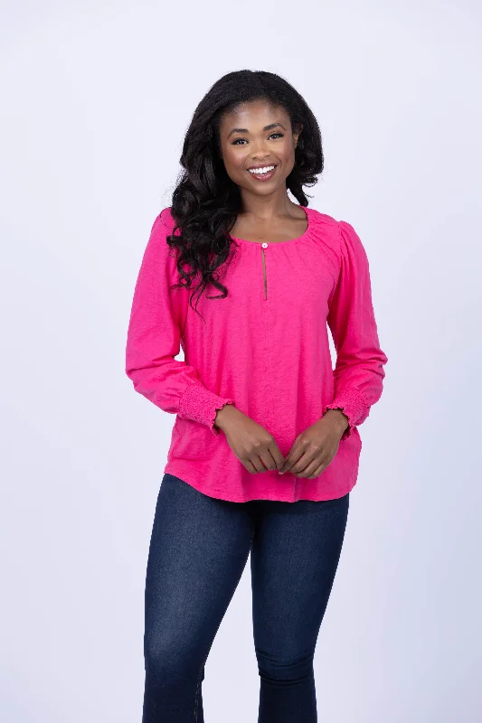 Dylan L/S Smock Sleeve Blouse in Fuchsia Double Button Blouse