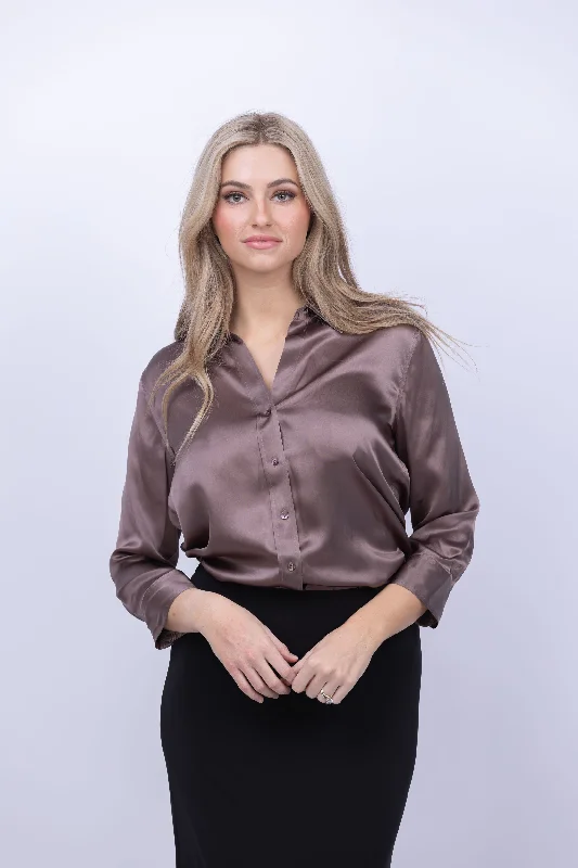 L'AGENCE Dani 3/4 Sleeve Blouse in Deep Taupe Elegant Embroidery Blouse