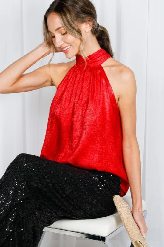 Vine & Love Metallic Halter Neck Tie Back Blouse in Red Chic Wrap Blouse