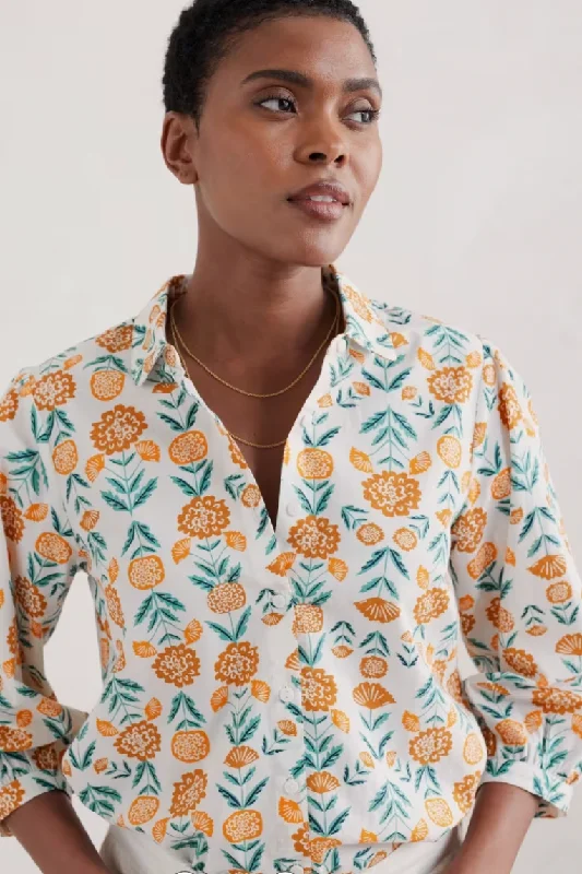 Seasalt Hope Cottage Blouse- Marigold Woodblock Chalk Satin Drape Blouse