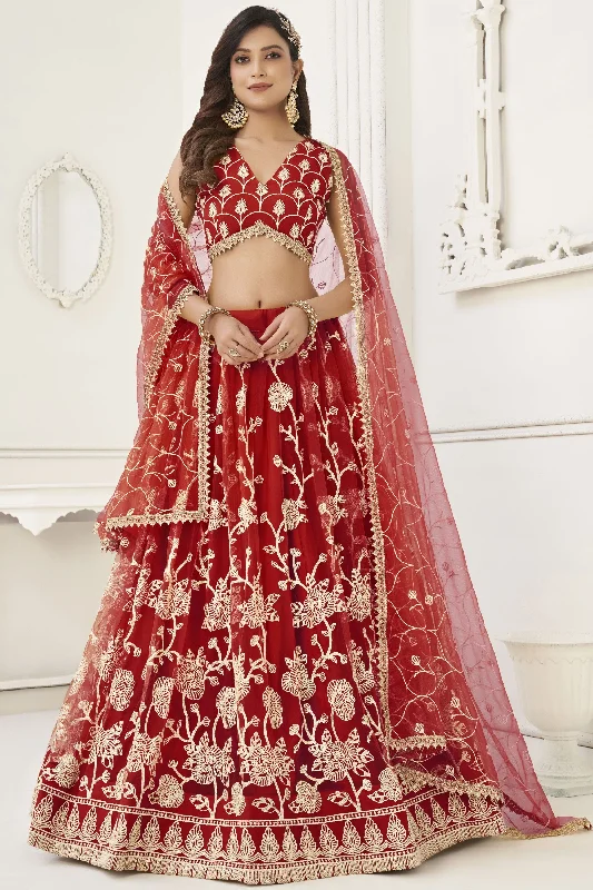 Embroidered Net Wedding Wear Lehenga In Red With Ravishing Blouse Oversized Silk Blouse