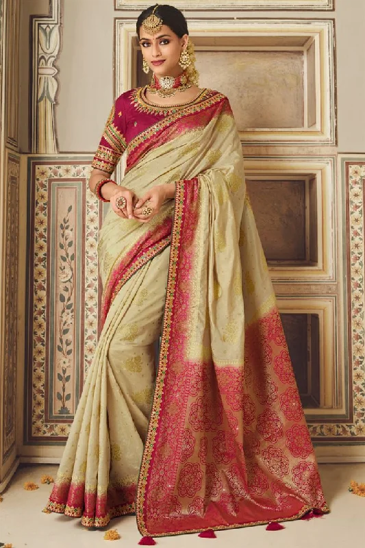 Gorgeous Cream Banarasi Silk Saree With Designer Blouse Double-Layered Blouse