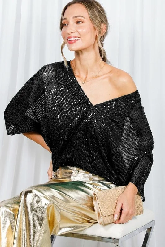 Vine & Love Allover Sequin V-Neck Dolman Sleeve Blouse in Black Vintage Lace Blouse