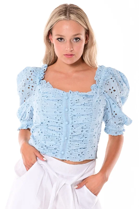 AZUCAR LADIES SOLID EYELET PUFFY SLEEVES BLOUSE - IN (2) COLORS - LCB1714 Mandarin Collar Blouse AZUCAR LADIES SOLID EYELET PUFFY SLEEVES BLOUSE - IN (2) COLORS - LCB1714 Mandarin Collar Blouse