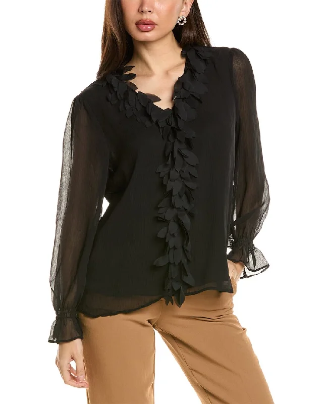 Adrianna Papell Solid Woven Chiffon Blouse Mandarin Collar Blouse