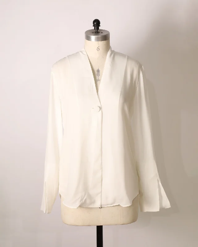 Statement Shirt with Cinched Back Detailing - White-- Front Pockets Side Pockets Patch Pockets