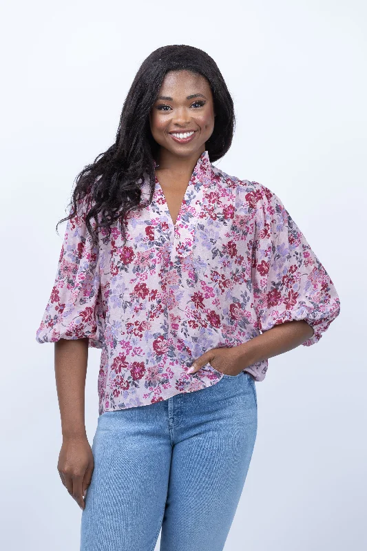 Gilner Farrar Bethany Blouse in Monet Garden Print Silky Draped Blouse