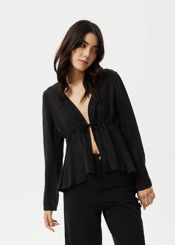 AFENDS Womens Grace - Cupro Tie Blouse - Black Cotton Casual Blouse