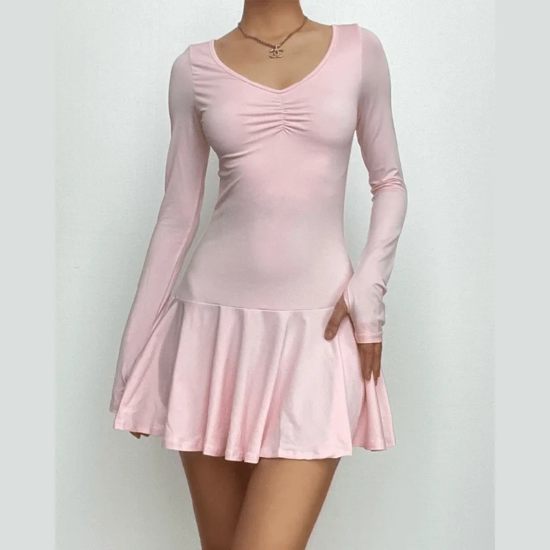 BerryBetty - Ruched long sleeve v neck solid gloves ruffle mini dress Casual Mini Dress with Pockets