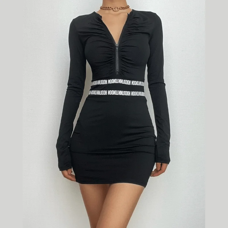 BerryBetty - Ruched zip-up long sleeve contrast mini dress Comfortable Bodycon Mini Dress