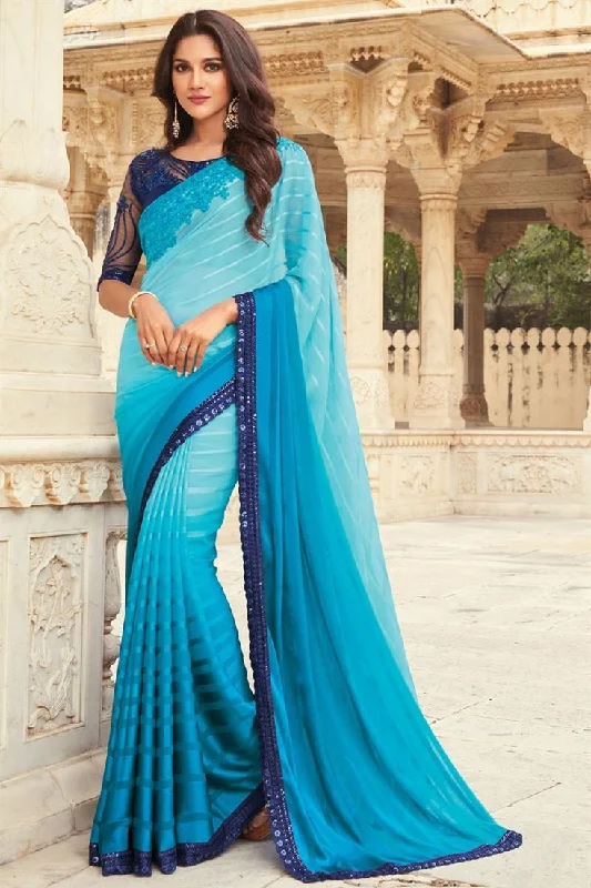 Sky Blue Color Trendy Art Silk Fabric Party Style Saree With Embroidered Blouse Elegant Lace Blouse Sky Blue Color Trendy Art Silk Fabric Party Style Saree With Embroidered Blouse Elegant Lace Blouse