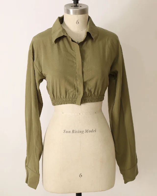 Long Sleeve Cropped Shirt with Waist Tie - Olive-- Chenille Blend Fleece Blend Nylon Blend