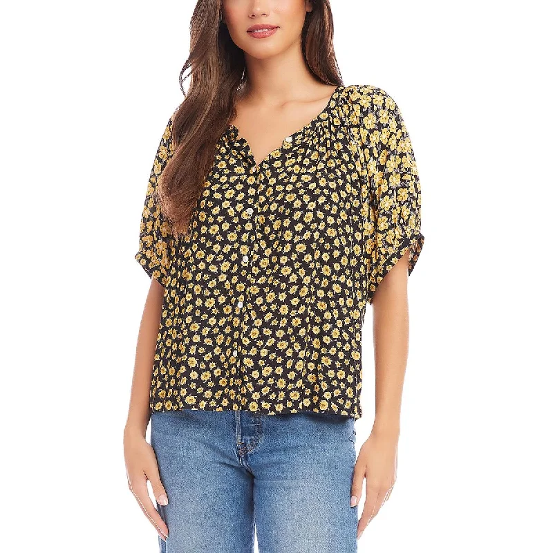 Womens Floral Print Button-Down Blouse Office Formal Blouse