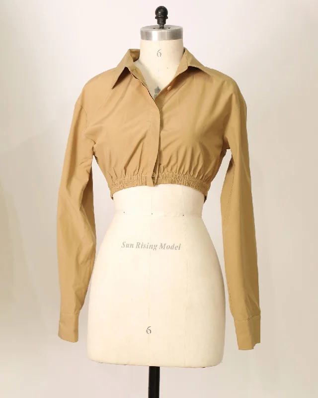 Long Sleeve Cropped Shirt with Waist Tie - Khaki-- Anti-Shrink Durable Soft