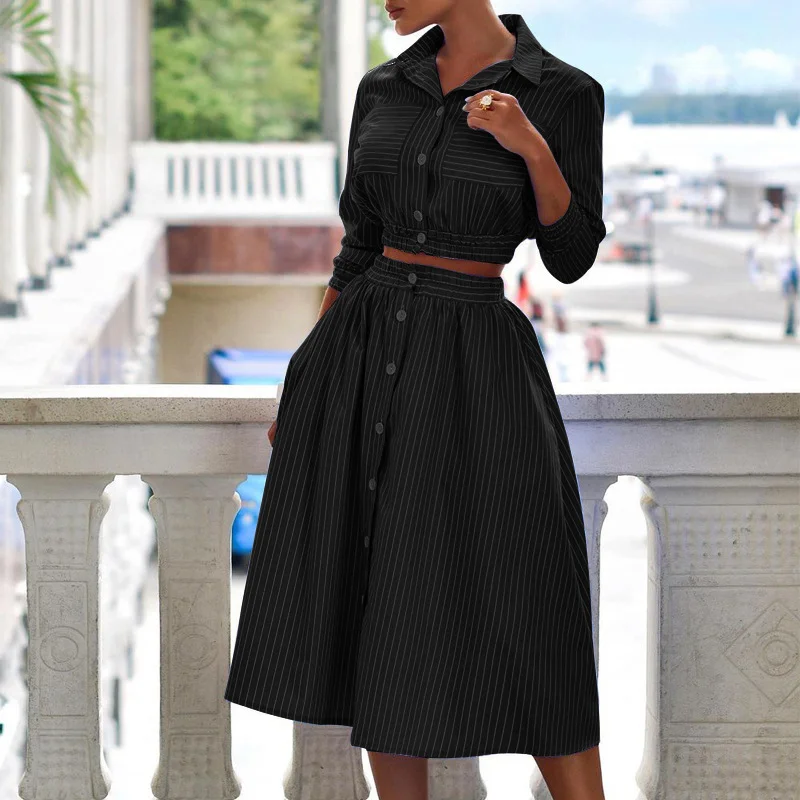 Women Fashion Elegant Stripe Printed Long Sleeve Lapel Blouse Anf Midi Skirt Set Feminine Satin Blouse