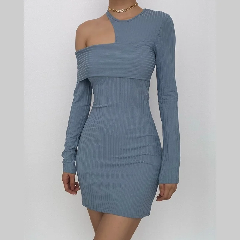 BerryBetty - Irregular off shoulder ribbed solid ribbed long sleeve mini dress Comfortable One-Shoulder Mini Dress