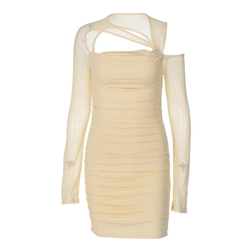 BerryBetty - Ruched irregular mesh hollow out long sleeve mini dress Elegant Mini Dress with Pleats BerryBetty - Ruched irregular mesh hollow out long sleeve mini dress Elegant Mini Dress with Pleats