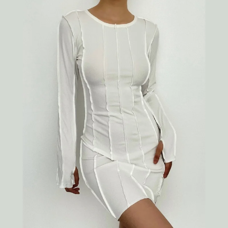 BerryBetty - Stitch long sleeve irregular solid ruffle mini dress Cozy Jersey Mini Dress