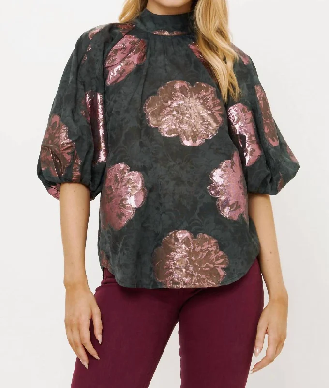 Button Neck Blouse In Rosa Black Boho Chic Blouse