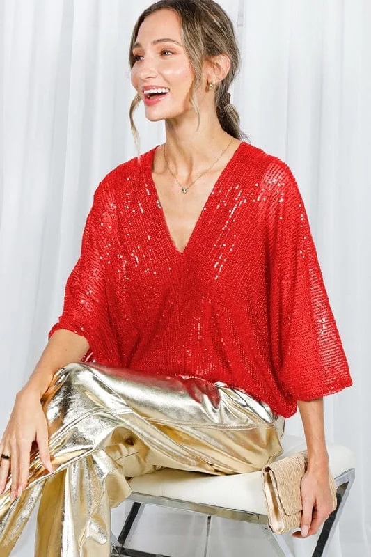 Vine & Love Allover Sequin V-Neck Dolman Sleeve Blouse in Red Casual Button Blouse