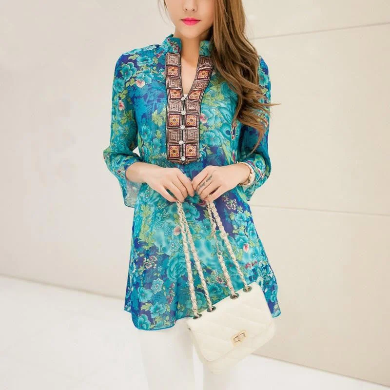 women blouse bohemian indian tops summer blusas 5XL embroidery long shirt blouse dress ladies blouses shirts Collared Satin Blouse