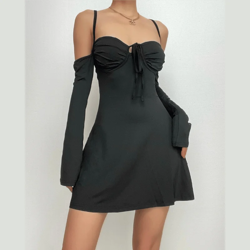 BerryBetty - Lace up solid cross back off shoulder long sleeve mini dress Cozy T-Shirt Mini Dress BerryBetty - Lace up solid cross back off shoulder long sleeve mini dress Cozy T-Shirt Mini Dress