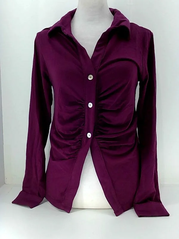 Women's Stretch Purple Blouse, Medium Size Button-Up Chic Ruffle Blouse