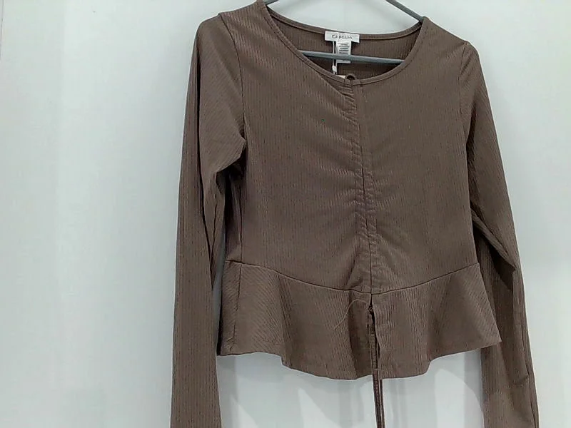 Women's Brown Long Sleeve Capella Blouse Large Textured Cotton Blouse