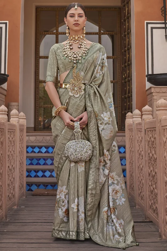 Traditional Look Dark Beige Color Art Silk Fabric Printed Saree With Same Color Blouse Subtle Shimmer Blouse