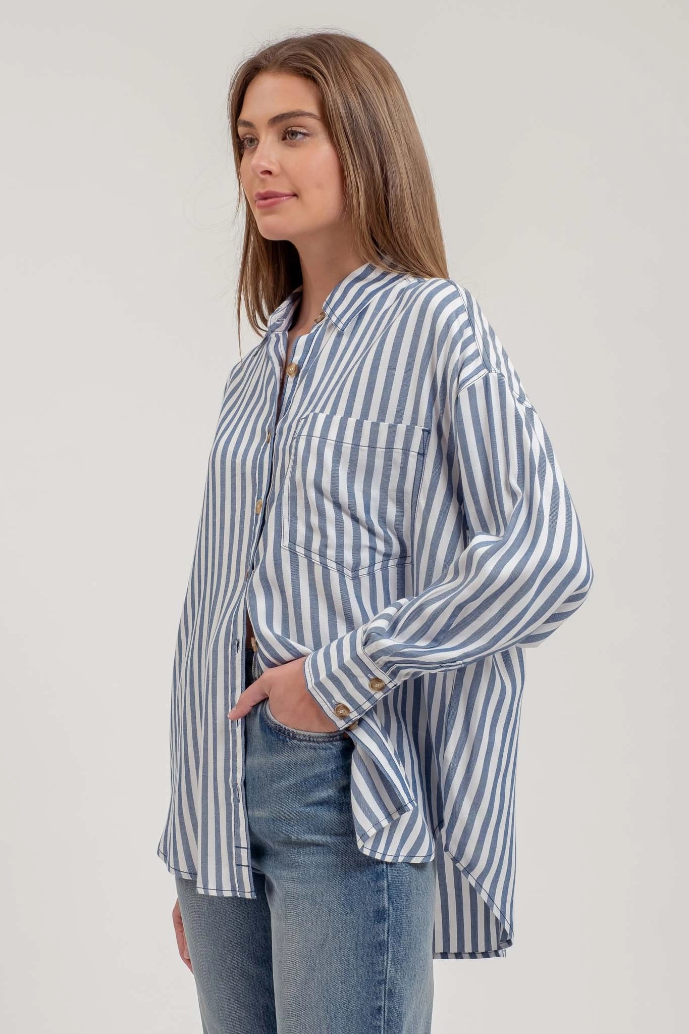 Stripe Button Down L/S Shirt- Blue-- Real Fur Shearling Chenille