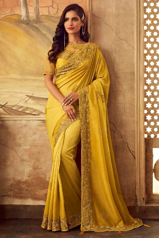 Yellow Party Wear Art Silk Embroidered Border Work Saree With Fancy Blouse Chic Off-Shoulder Blouse Yellow Party Wear Art Silk Embroidered Border Work Saree With Fancy Blouse Chic Off-Shoulder Blouse
