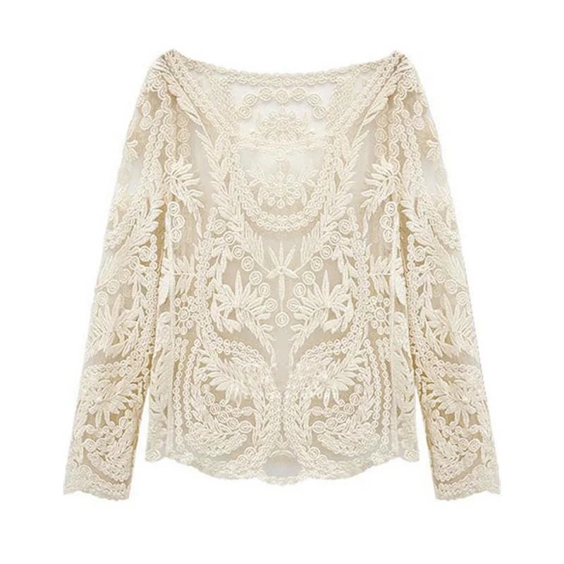 Style Beige Long Sleeve Hollow Out Crochet Lace Blouse Female Boat Neck Curved Hem Sheer Blouse Wrap Front Blouse