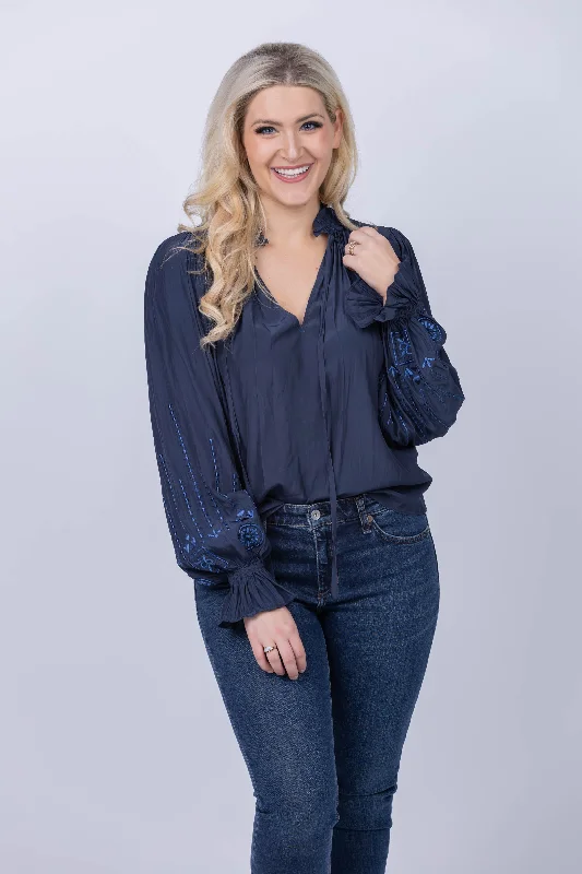 Ramy Brook Eleanor Blouse in Navy Satin Bow Blouse