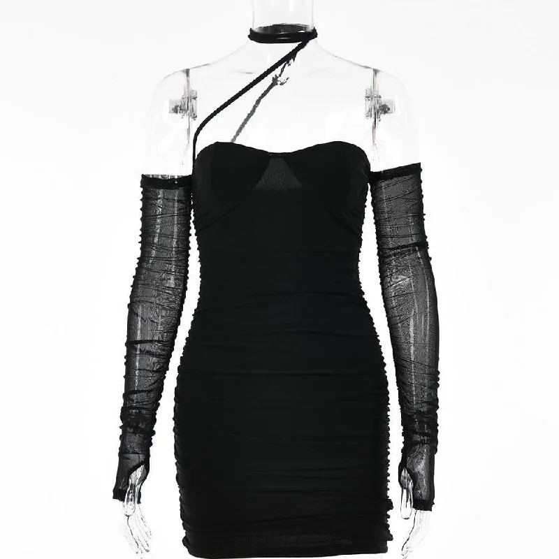 BerryBetty - Solid ruched halter mesh long sleeve off shoulder mini dress Fashionable Mini Dress with Frills