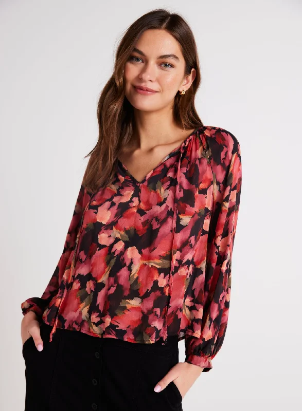 AUTUMN BLOOM SHIRRED RAGLEN TIE FRONT BLOUSE Lightweight Chiffon Blouse