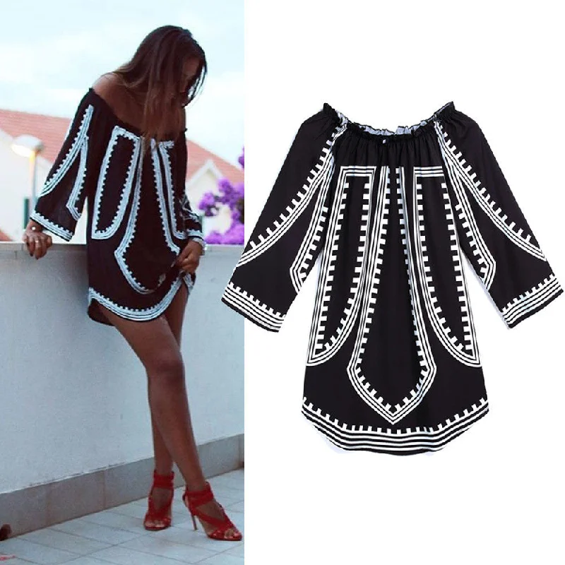 Women Dress Casual Off Shoulder Long Sleeve Loose Print Tops Blouse Party Beach Mini Dress Versatile Layering Blouse