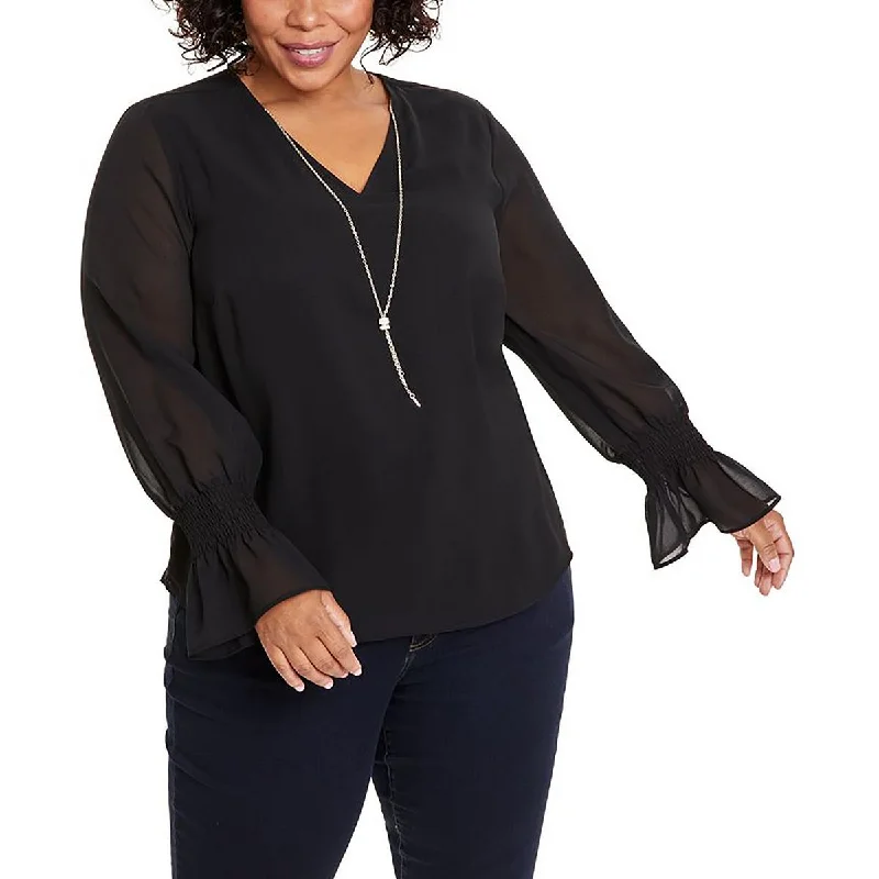 Plus Womens Solid V-Neck Blouse Lightweight Linen Blouse