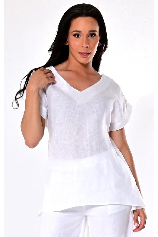 Azucar 100% Linen Ladies Short Sleeve V-Neck Hi-Low Blouse - LLB1382 Embroidered Cotton Blouse Azucar 100% Linen Ladies Short Sleeve V-Neck Hi-Low Blouse - LLB1382 Embroidered Cotton Blouse