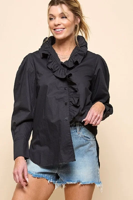Cezele Ruffle Collar Button Down Blouse in Black Boho Chic Blouse