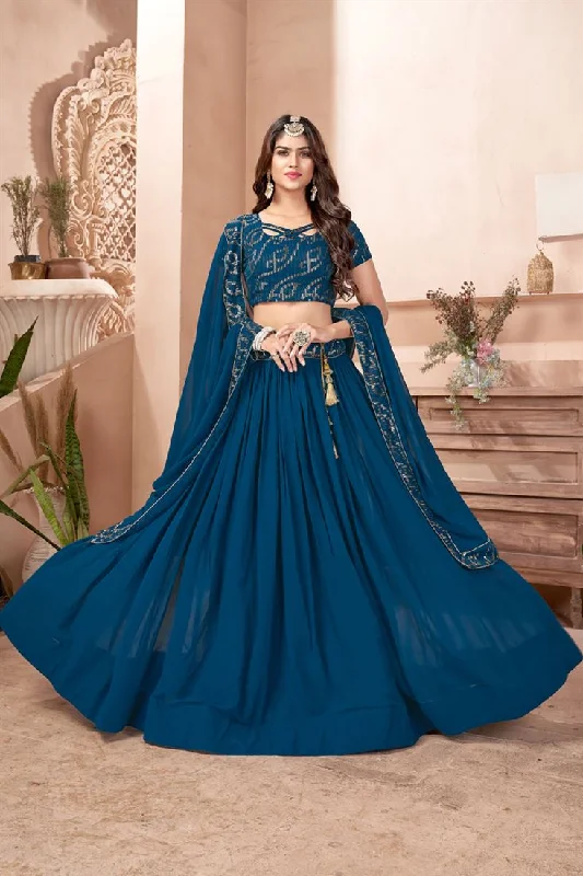 Blue Georgette Reception Wear 3 Piece Lehenga With Sequins Work And Embellished Blouse Oversized Silk Blouse